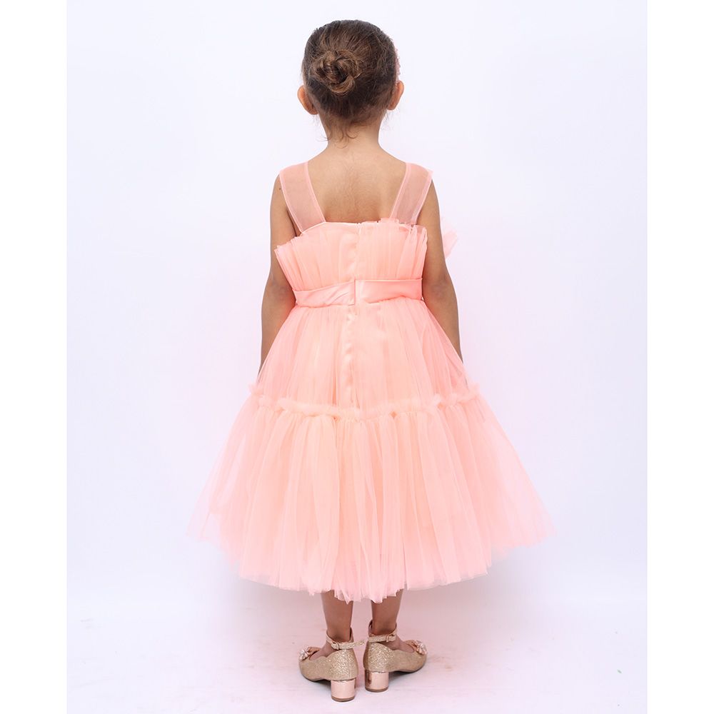 D' Daniela - Girls Bow Front Ruffle Hem Mesh Dress - Peach 