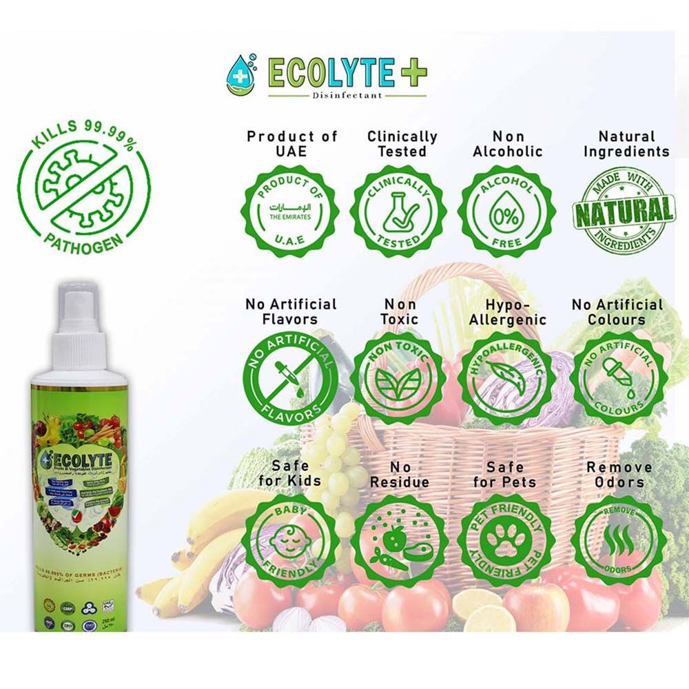 Ecolyte+ - Fruits & Vegetables Disinfectant 100% Natural - 250Ml - 8pc