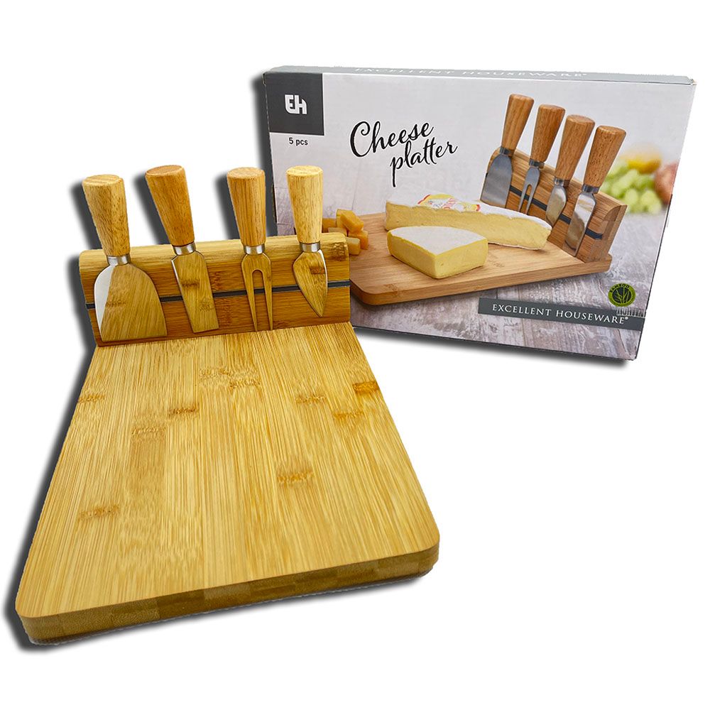 Excellent Houseware - Cheese Board Bamboo W/ 4 Knives