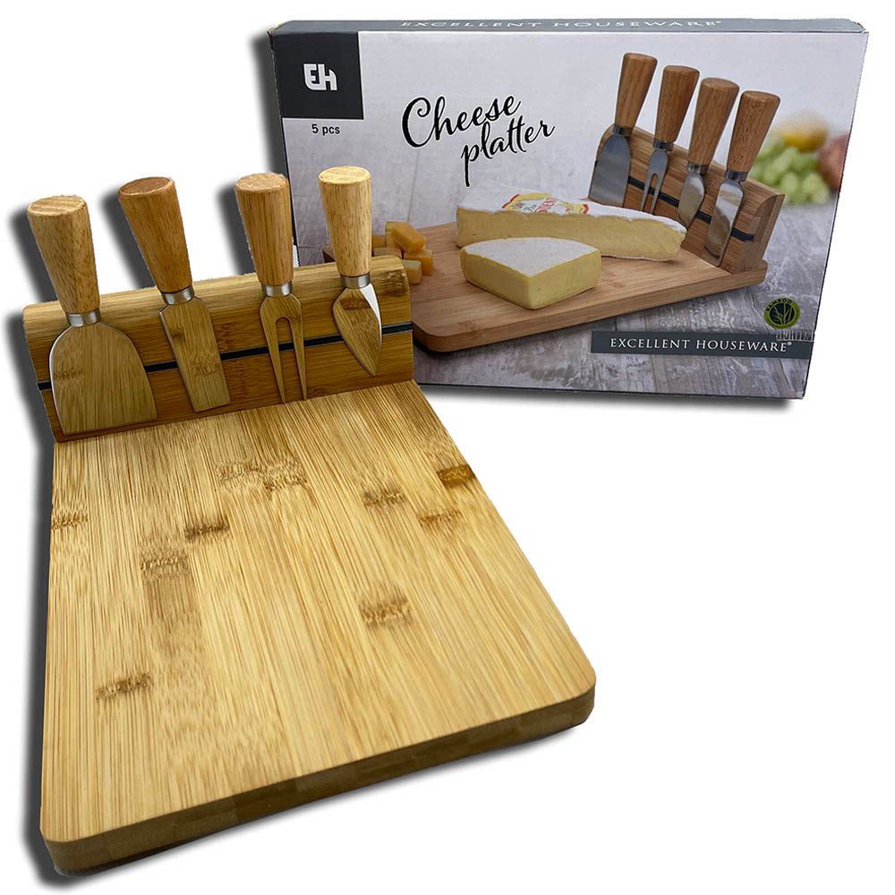 Excellent Houseware - Cheese Board Bamboo W/ 4 Knives