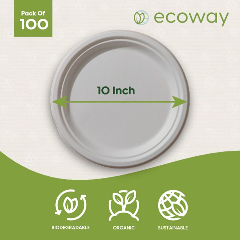 Ecoway - Round Bagasse Paper Plates - 10-Inch - 100pcs