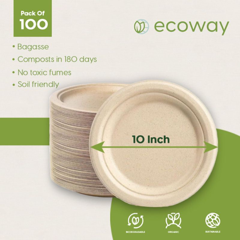 Ecoway - Round Bagasse Paper Plates - 10-Inch - 100pcs