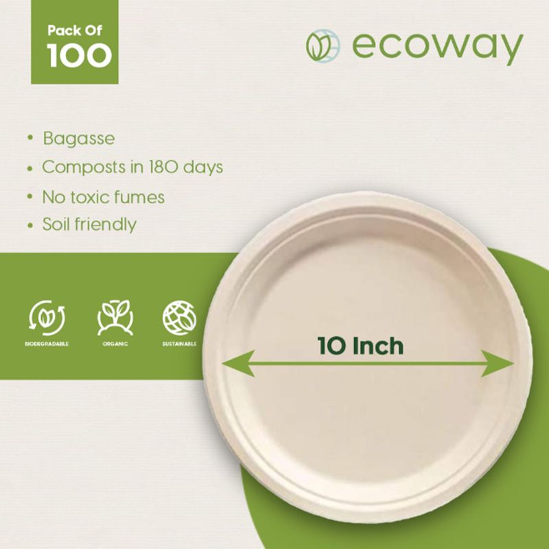 Ecoway - Round Bagasse Paper Plates - 10-Inch - 100pcs