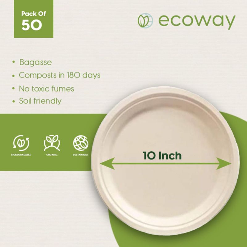 Ecoway - 100% Disposable Round Bagasse Paper Plates - 10-Inch - 50pcs