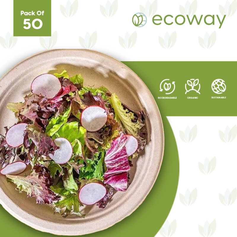 Ecoway - 100% Disposable Round Bagasse Paper Plates - 10-Inch - 50pcs