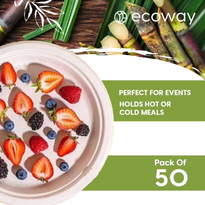 Ecoway - 100% Disposable Round Bagasse Paper Plates - 10-Inch - 50pcs