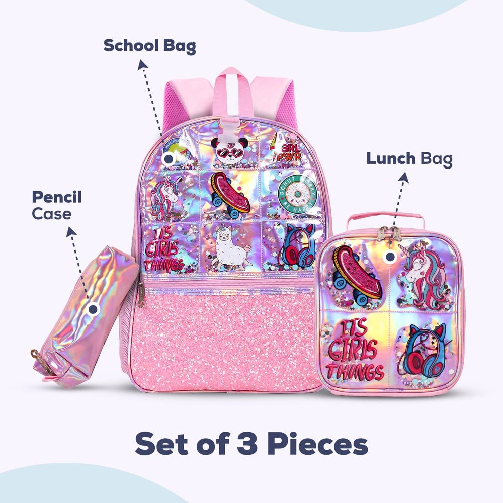 Eazy Kids - Backpack 17-Inch w/ Lunch Bag & Pencil Case - Girl Things