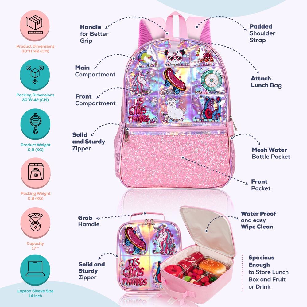 Eazy Kids - Backpack 17-Inch w/ Lunch Bag & Pencil Case - Girl Things