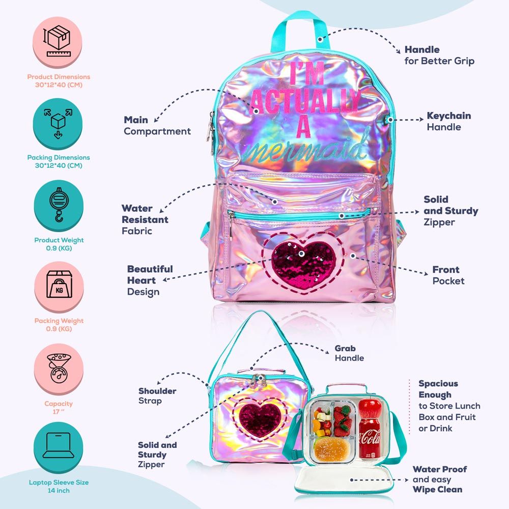 Eazy Kids - Backpack 17-Inch w/ Lunch Bag & Pencil Case - Pink