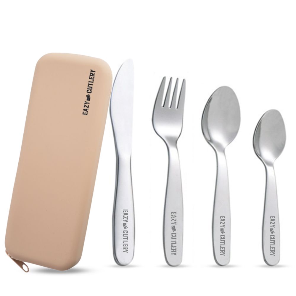 Eazy Kids - Stainless Steel Cutlery With Silicone Pouch - Ivory - 4pcs