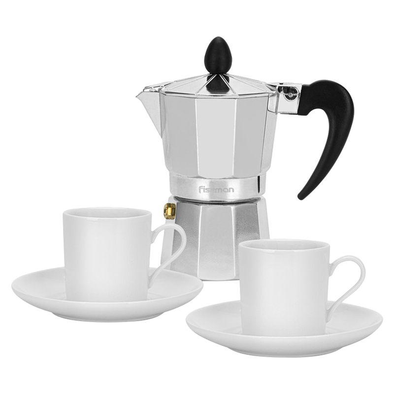 Fissman - Coffee Maker For 2 Cups - 120ml & 2 Ceramic Cups w/ 2 Saucers Set