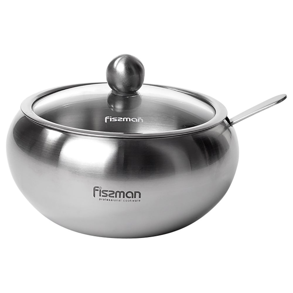 Fissman - Stainless Steel Sugar Bowl w/ Glass Lid & Spoon - 560ml 