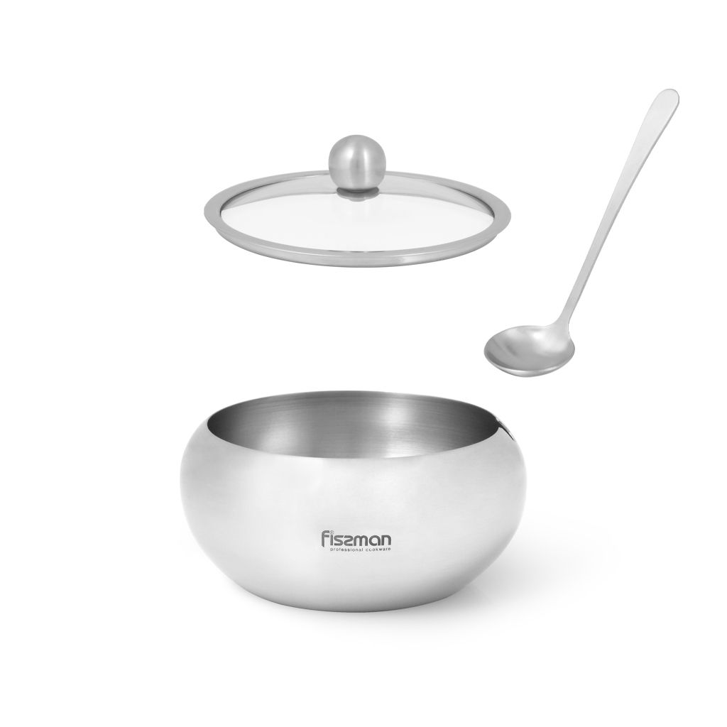 Fissman - Stainless Steel Sugar Bowl w/ Glass Lid & Spoon - 560ml 