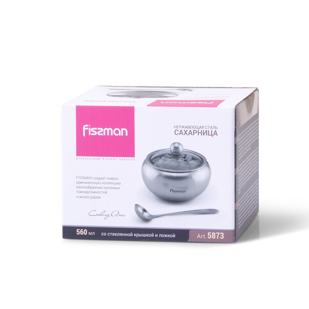 Fissman - Stainless Steel Sugar Bowl w/ Glass Lid & Spoon - 560ml 