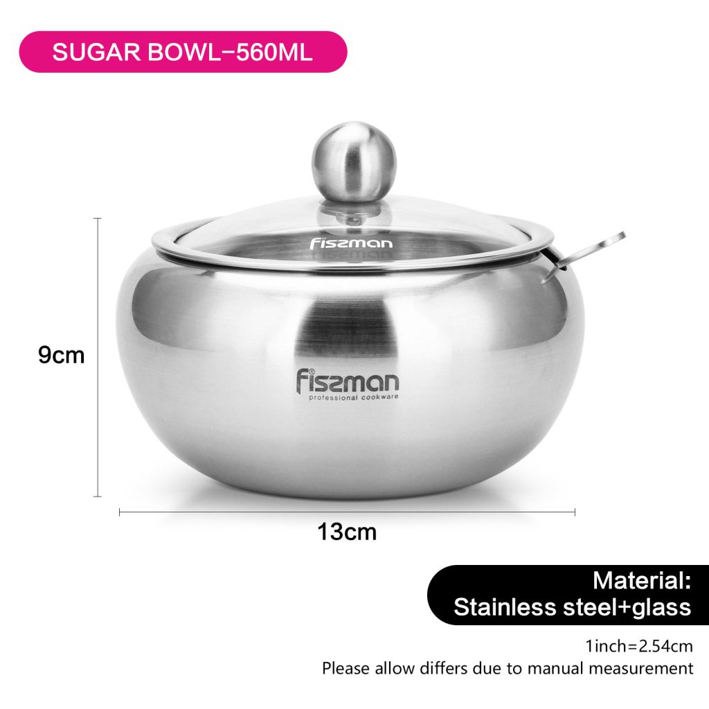 Fissman - Stainless Steel Sugar Bowl w/ Glass Lid & Spoon - 560ml 