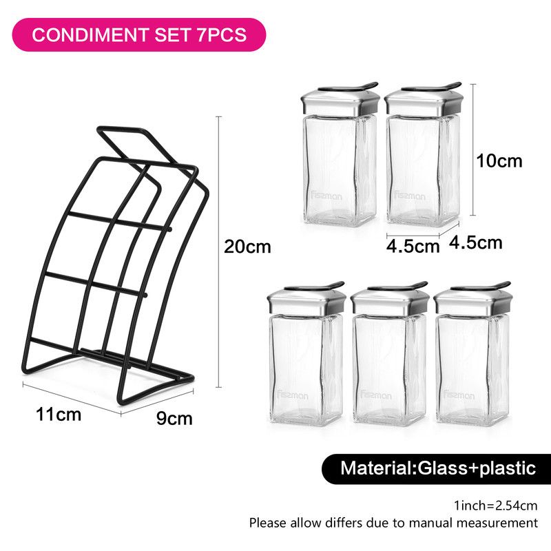 Fissman - Glass Condiments w/ Stand - 6Pc - Transparent/Black 