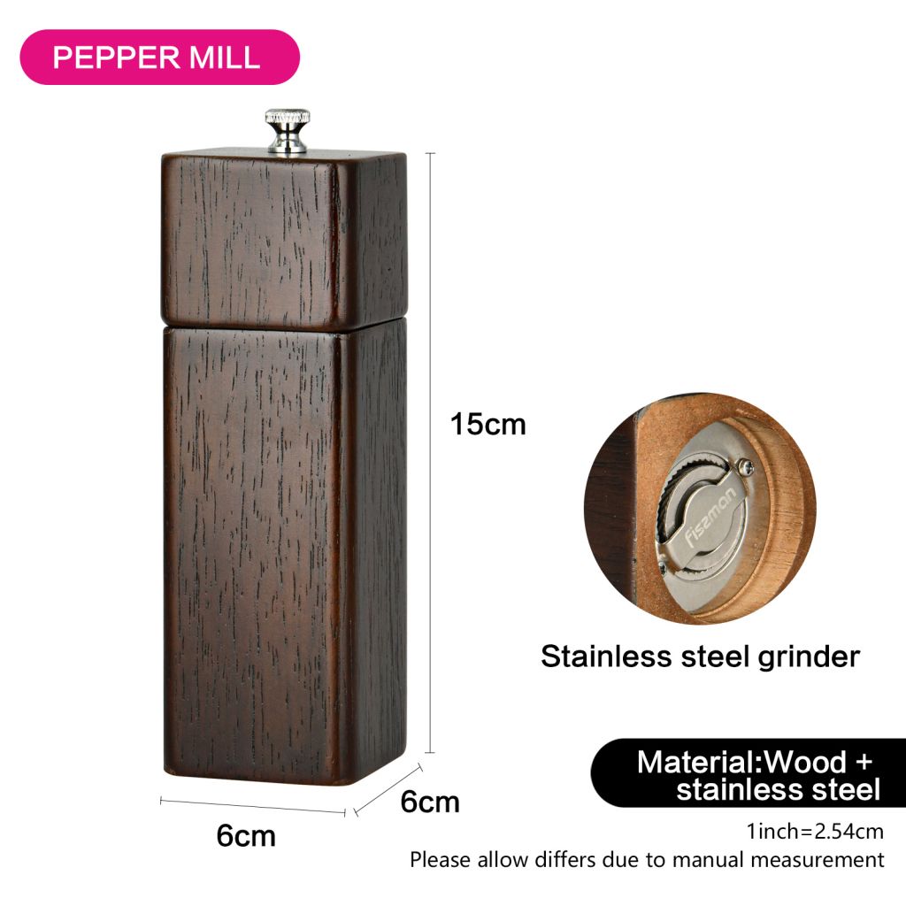 Fissman - Square Pepper Mill Rubber Wood Body w/ Grinder - 16.5x5cm