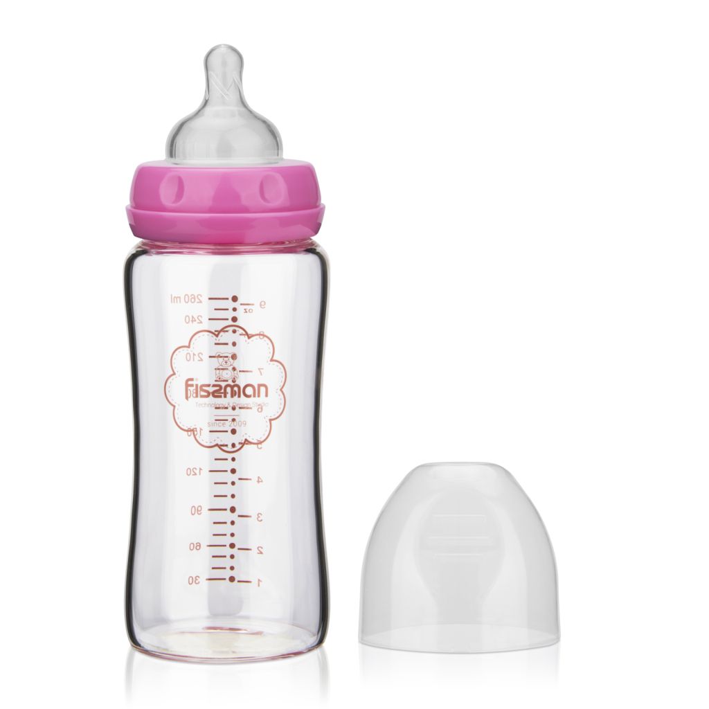 Fissman - Borosilicate Glass Feeding Bottle w/ Wide Neck - 260ml - Pink