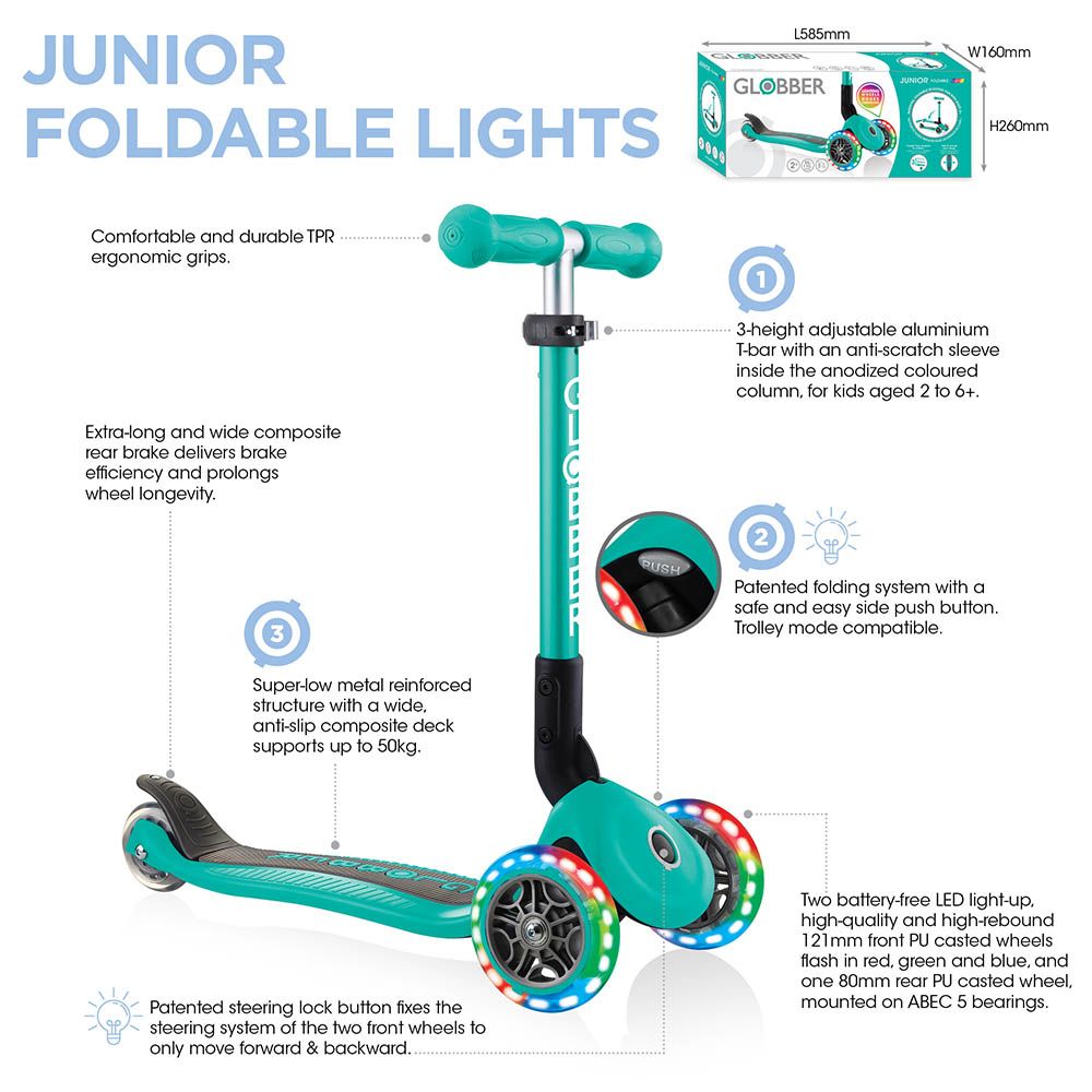 Globber - Junior Foldable Lights Scooter - Emerald Green