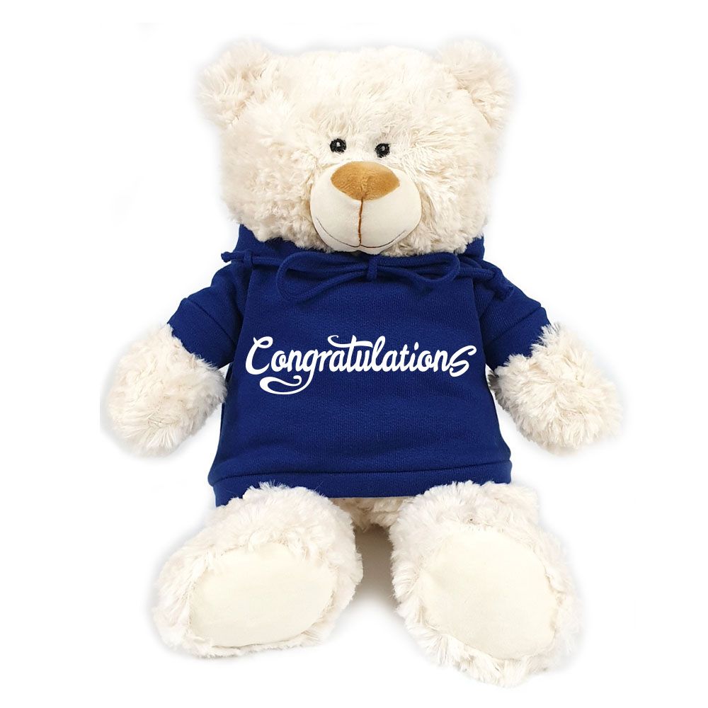 Fay Lawson - Bear in Congratulations Print Blue Hoodie - 38cm