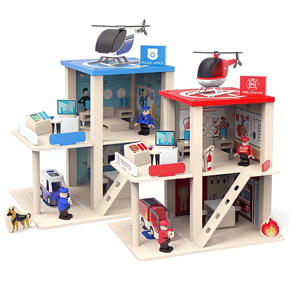 Factory Price -Finleys Pretend Play Wooden Fire Station & Police Station - Red