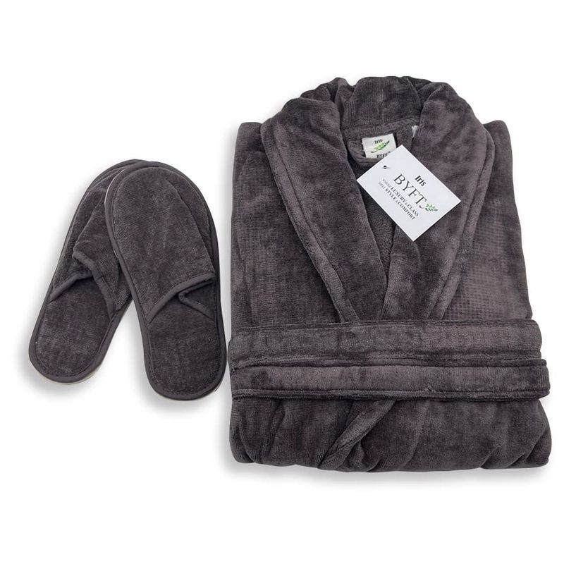 BYFT - Velour Cotton Bathrobe W/ Slippers - Charcoal Grey