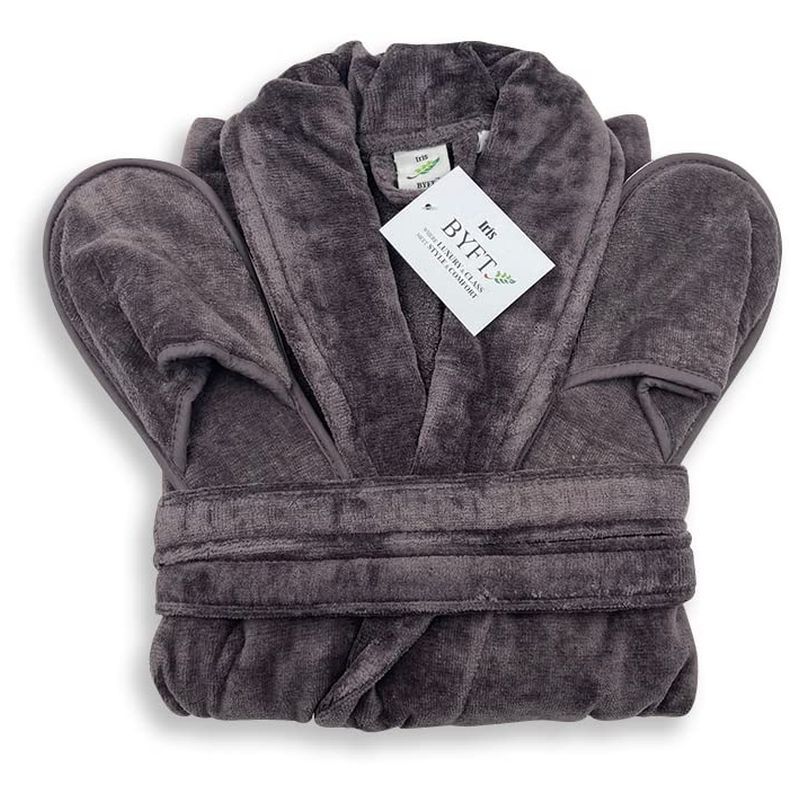 BYFT - Velour Cotton Bathrobe W/ Slippers - Charcoal Grey