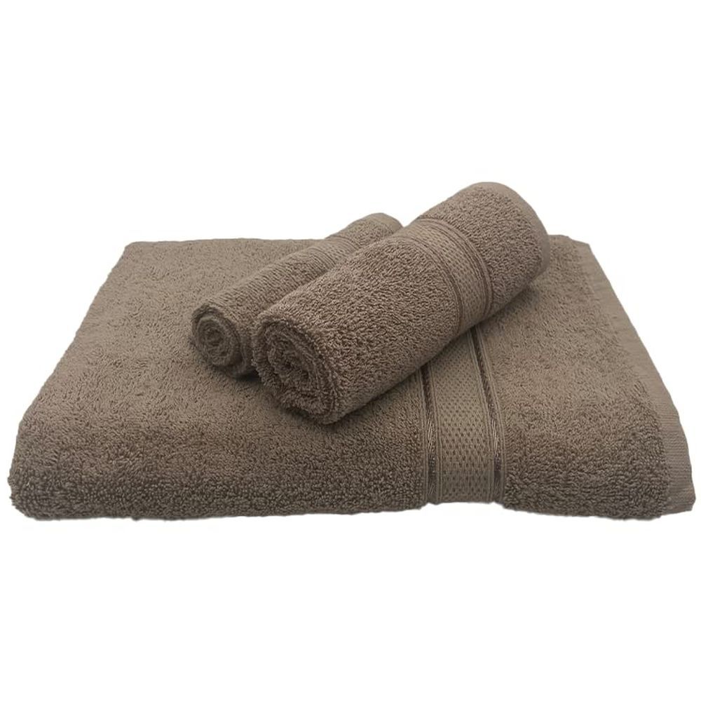 Byft - 100% Cotton Daffodil Face Towel & Hand Towel Bath Towel - Set Of 3 - Dark Beige