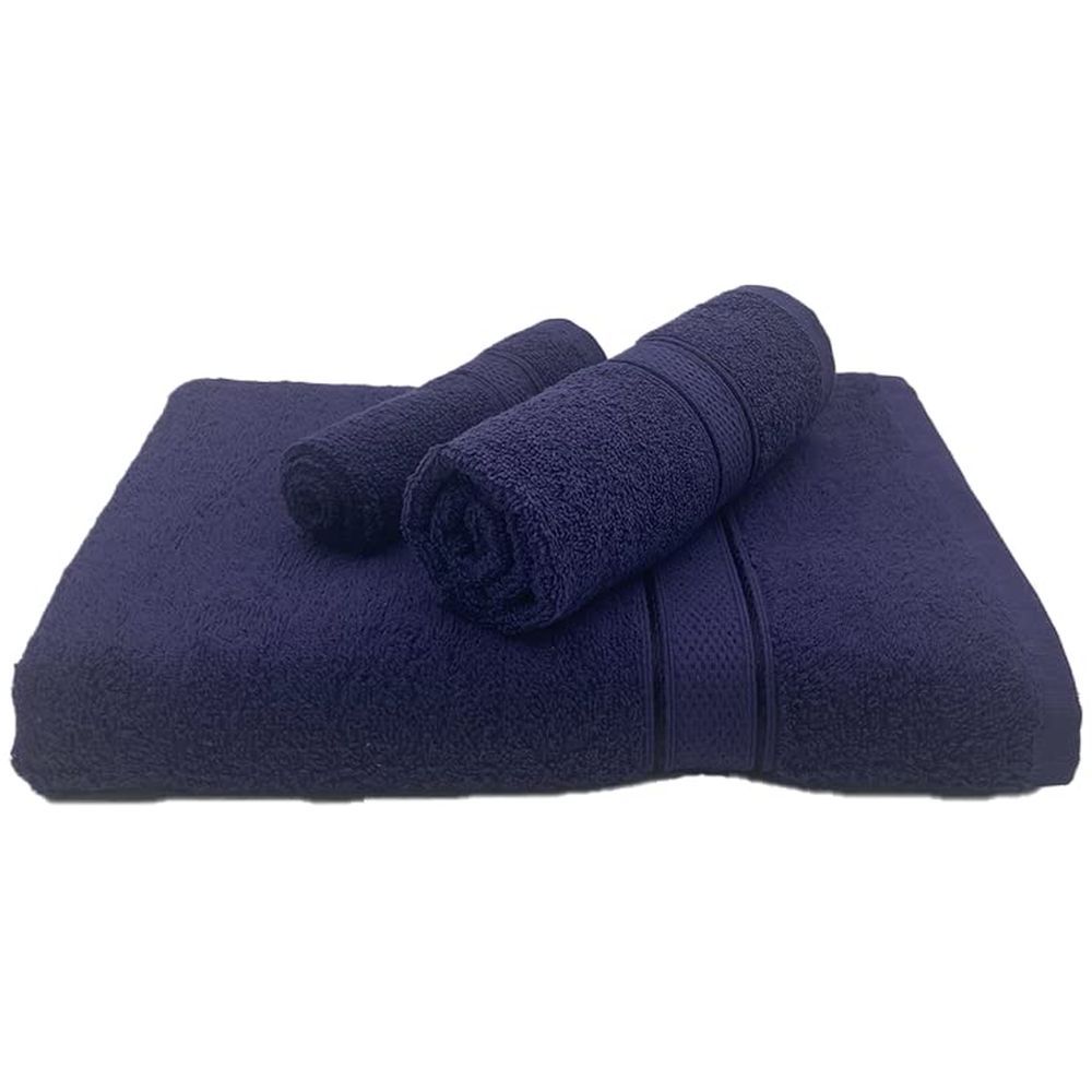 Byft - 100% Cotton Daffodil Face Towel & Hand Towel Bath Towel - Set Of 3 - Navy Blue