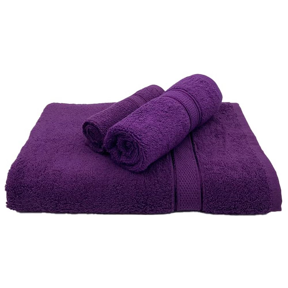 Byft - 100% Cotton Daffodil Face Towel & Hand Towel Bath Towel - Set Of 3 - Purple