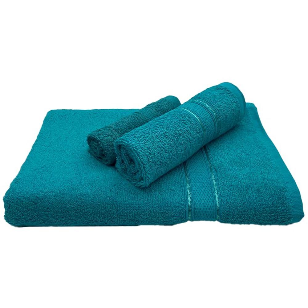 Byft - 100% Cotton Daffodil Face Towel & Hand Towel Bath Towel - Set Of 3 - Turquoise Blue