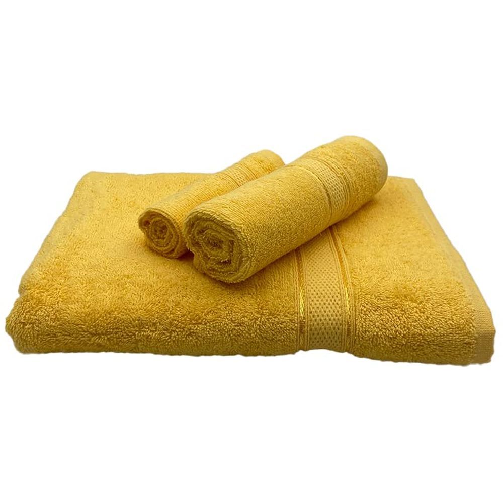 Byft - 100% Cotton Daffodil Face Towel & Hand Towel Bath Towel - Set Of 3 - Yellow