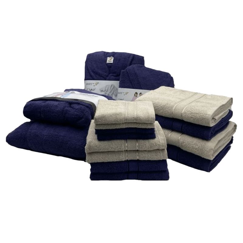 Byft - Daffodil 100% Cotton Bath Linen 16pc-Set 8Y+ - Light Grey/Navy Blue