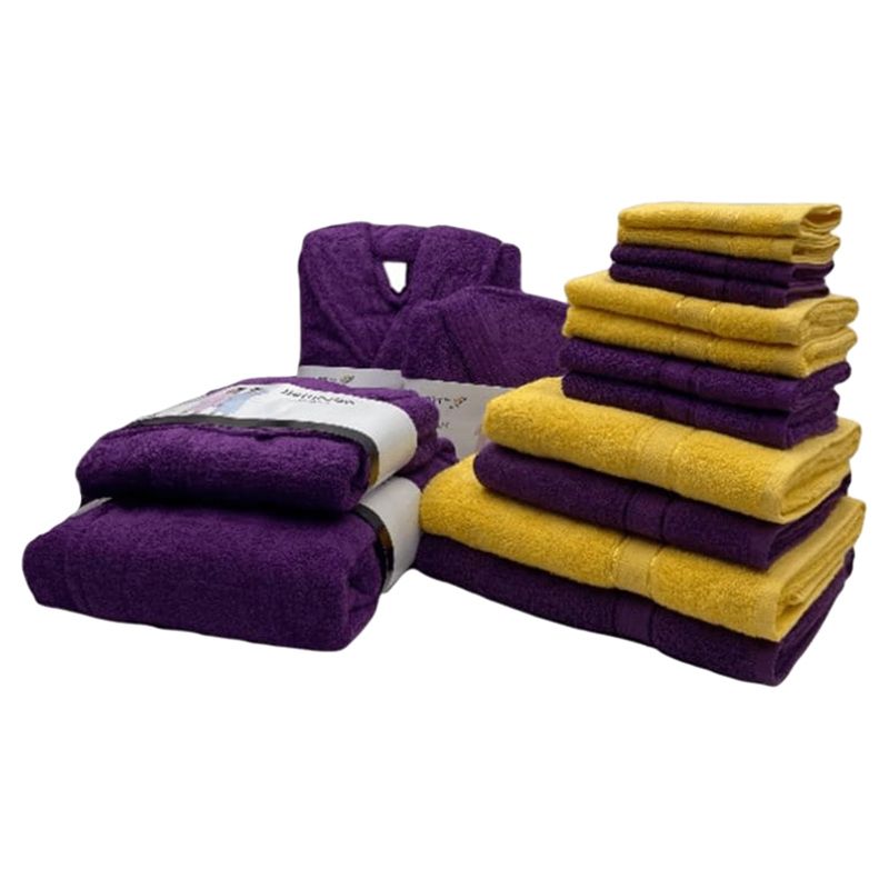 Byft - Daffodil 100% Cotton Bath Linen 16pc-Set 10Y+ - Purple/Yellow