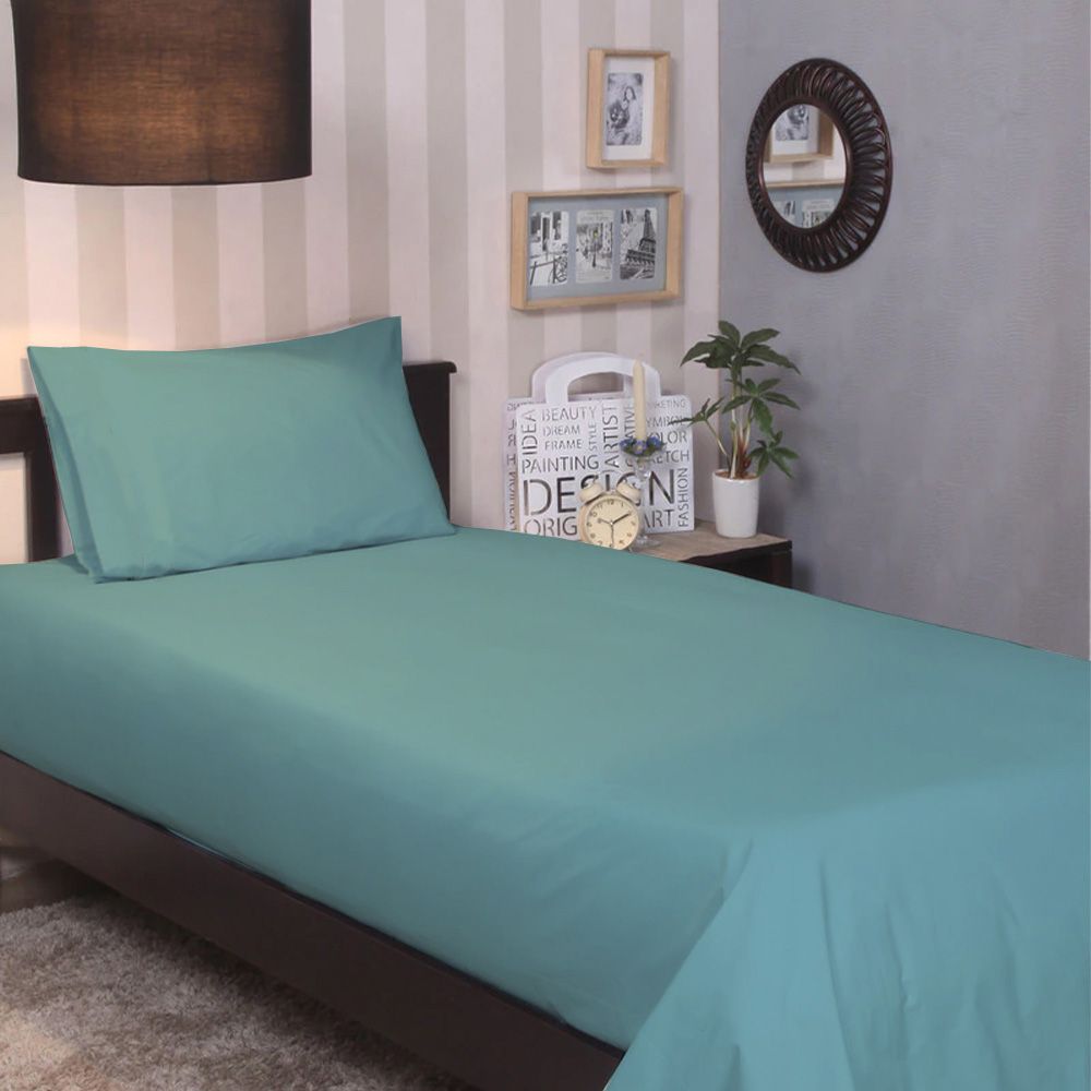 Byft - 100% Cotton Single Flat Sheet & Pillow Case - Sea Green - 2pcs