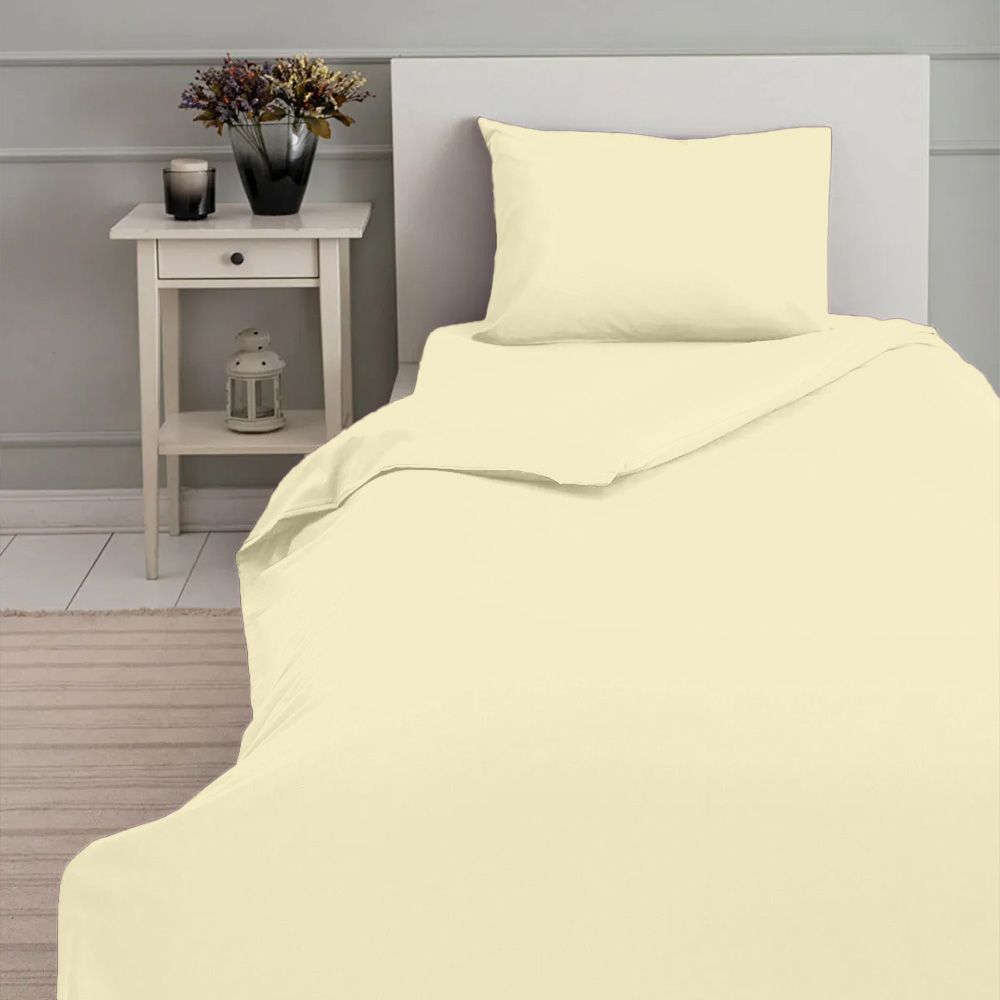 Byft - 100% Cotton Single Flat Sheet, Duvet Cover & Pillow Case - Cream - 4pcs