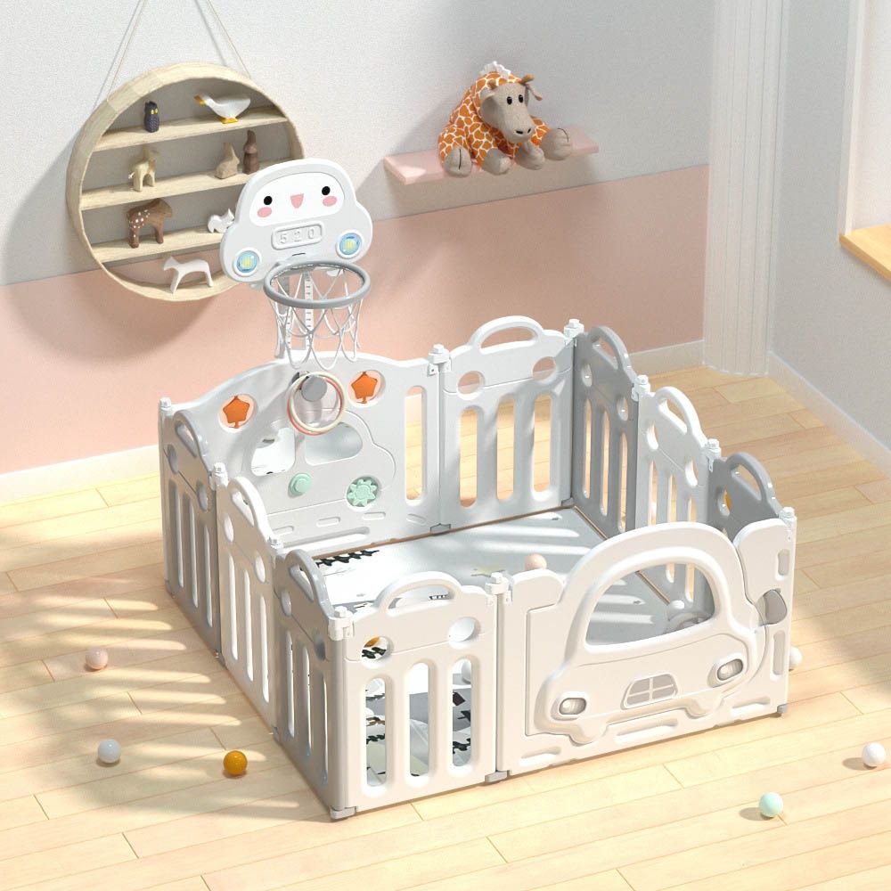 Little Angel-Baby Playpen W/Basketball Hoop And Fence-Grey