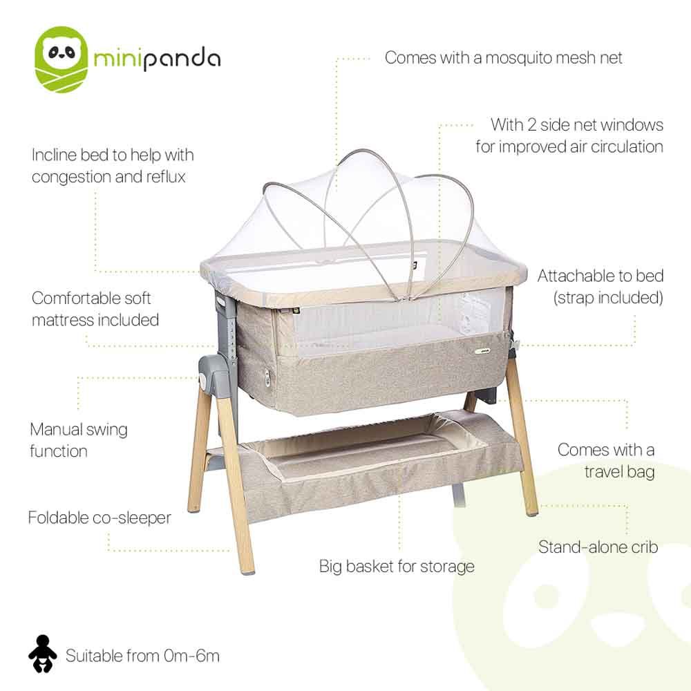 Mini Panda - Natural Co-sleeper Baby Crib 0-6m - Light Grey