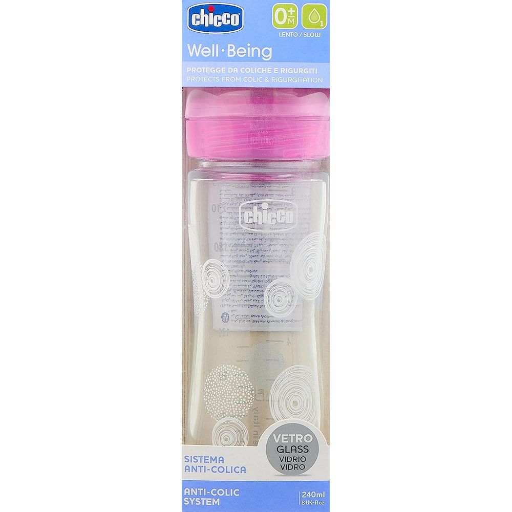 Chicco - Well-Being Slow Flow Glass Bottle 240ml - Pink