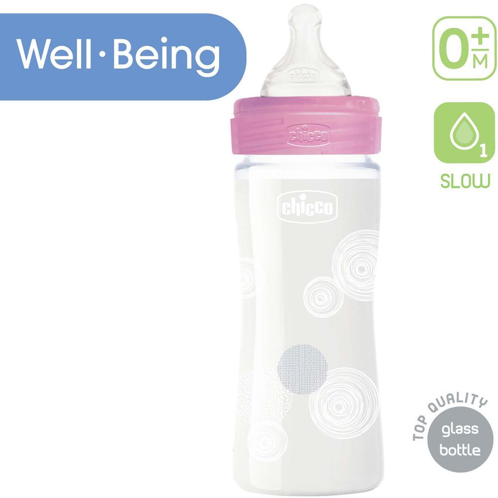 Chicco - Well-Being Slow Flow Glass Bottle 240ml - Pink