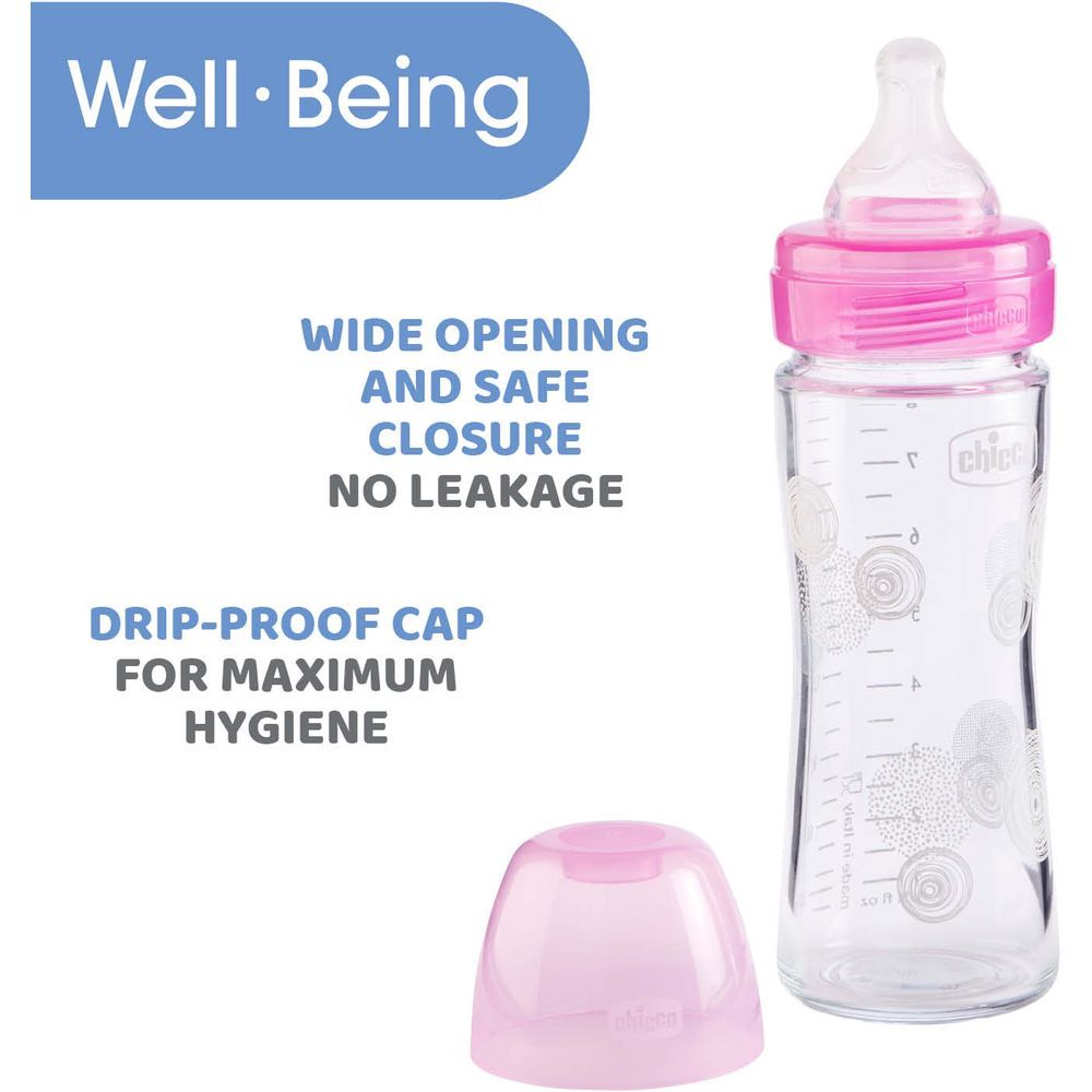 Chicco - Well-Being Slow Flow Glass Bottle 240ml - Pink