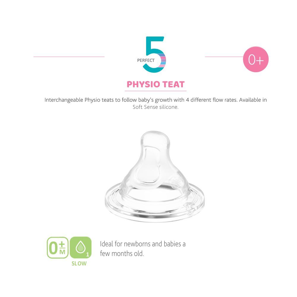 Chicco - Perfect 5 Physio Teat 0m+ Slow Flow - Pack of 2 - Silicone