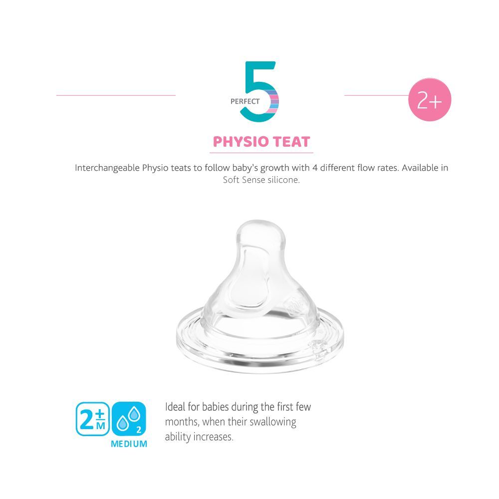 Chicco - Perfect 5 Physio Teat 2m+ Medium Flow - Pack of 2 - Silicone