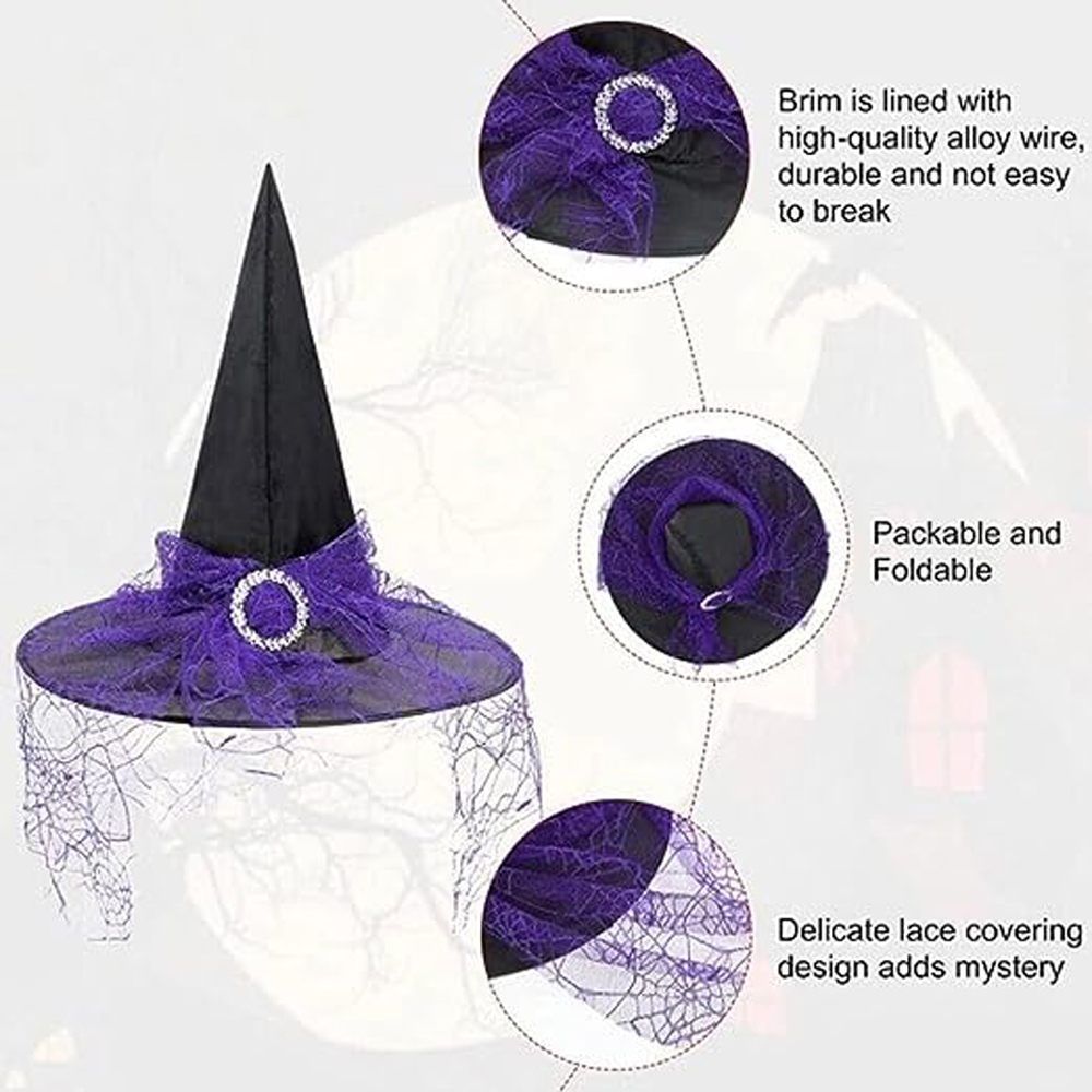 Brain Giggles - Halloween Witch Hat With Lace Mesh - Purple