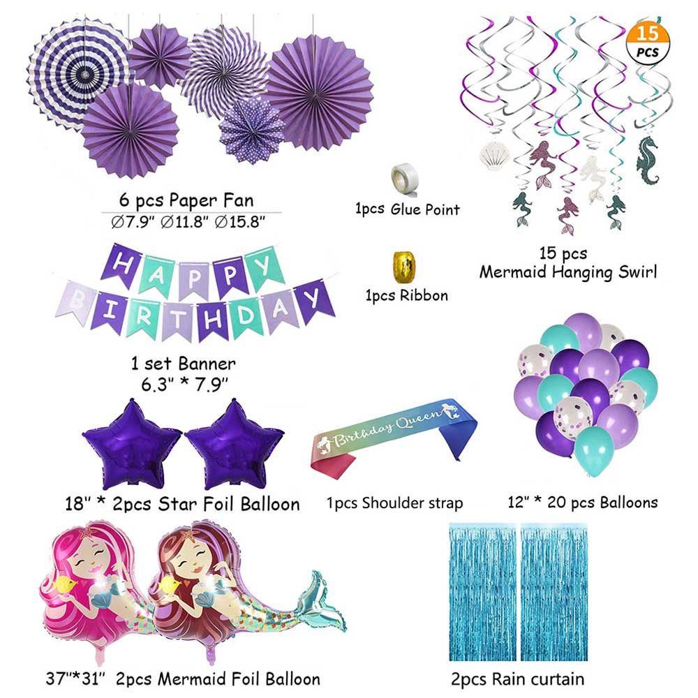 Brain Giggles - Mermaid Theme Birthday Decoration Set - 51pcs