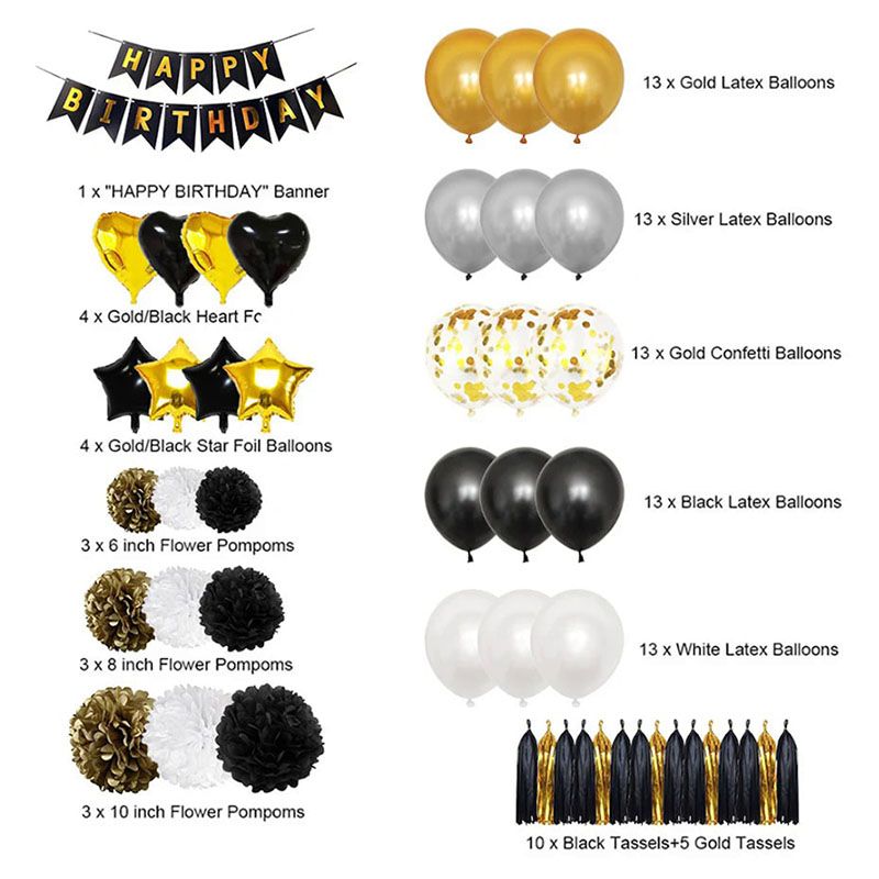 Brain Giggles - Black & Golden Birthday Decoration Kit 98pcs