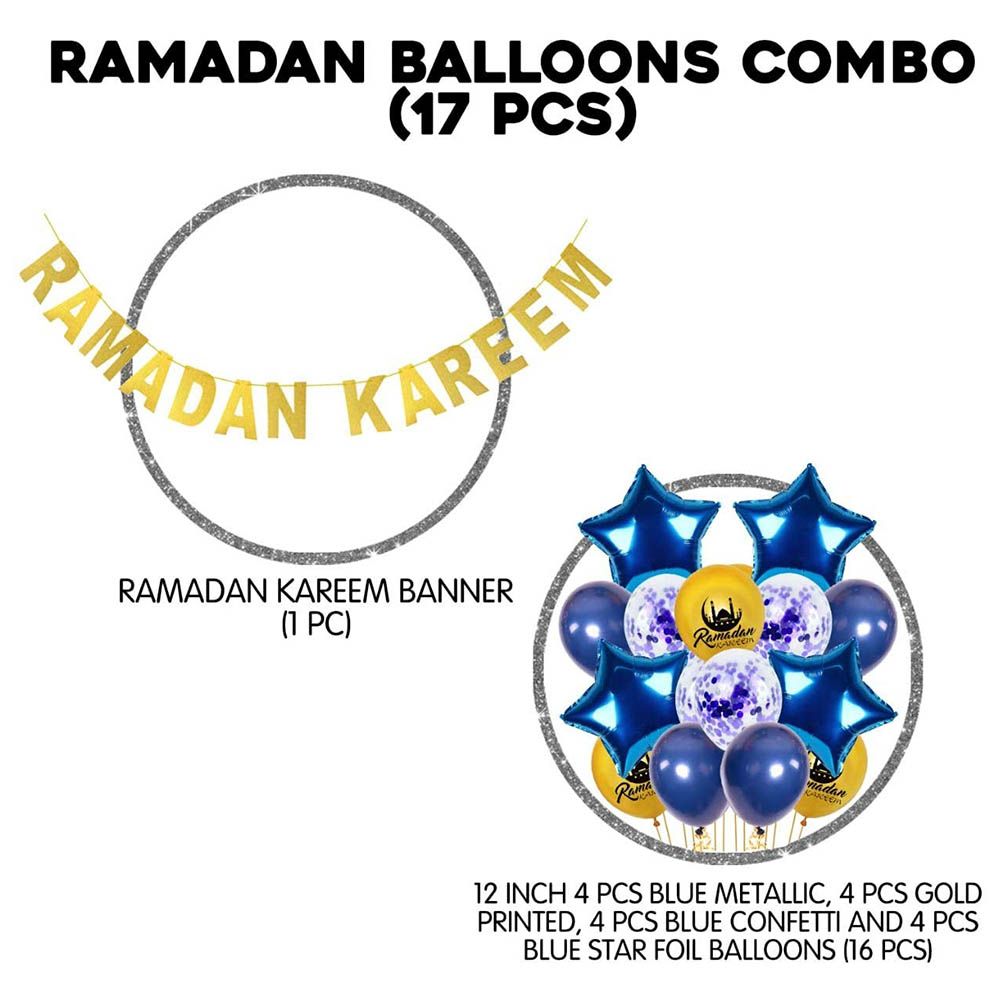 Brain Giggles - Ramadan Balloons Combo Blue/Golden 17pcs