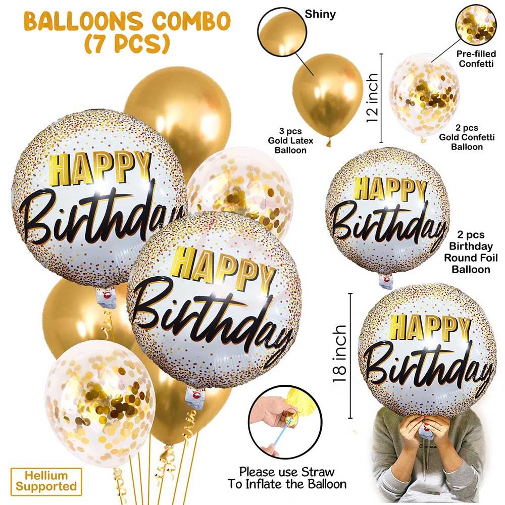 Brain Giggles - Set of 7 pcs Gold foil Printed Balloons Combo