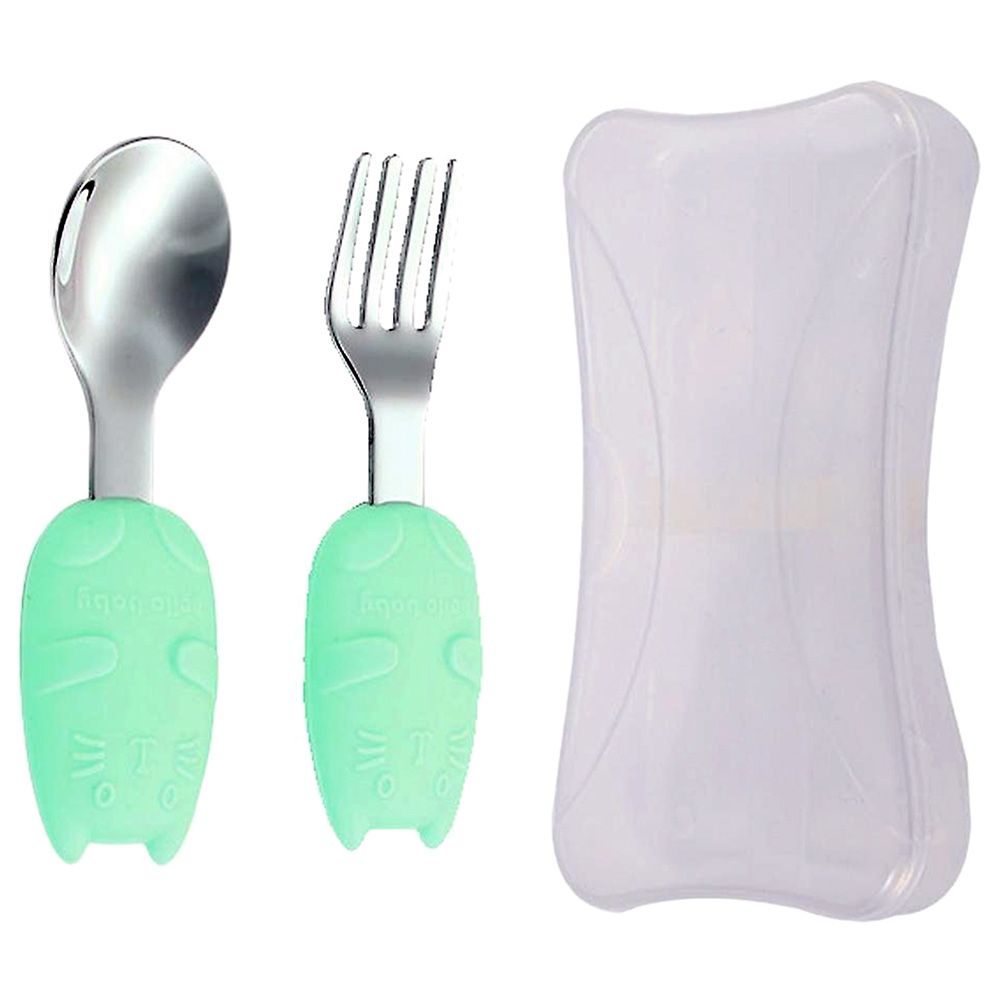 Brain Giggles - Kitty Short Silicone Handle Cutlery Set w/ Case - Green