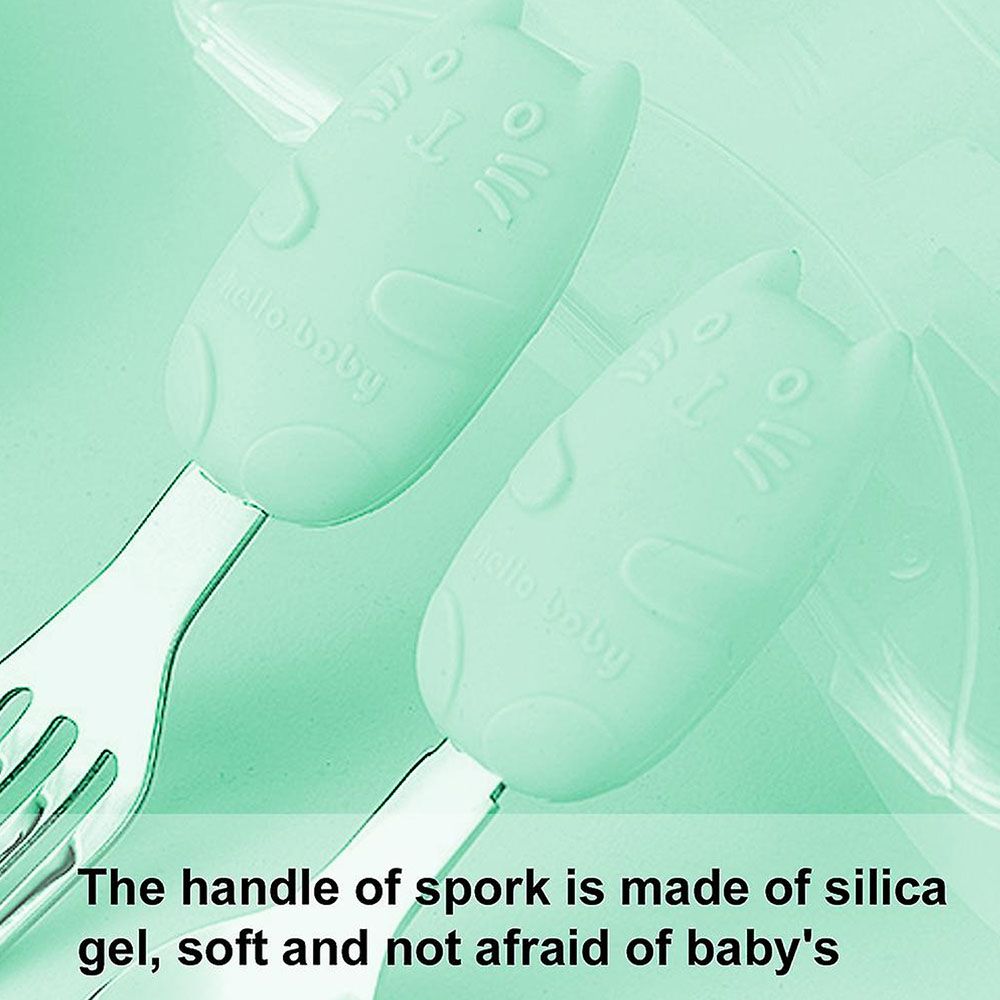 Brain Giggles - Kitty Short Silicone Handle Cutlery Set w/ Case - Green